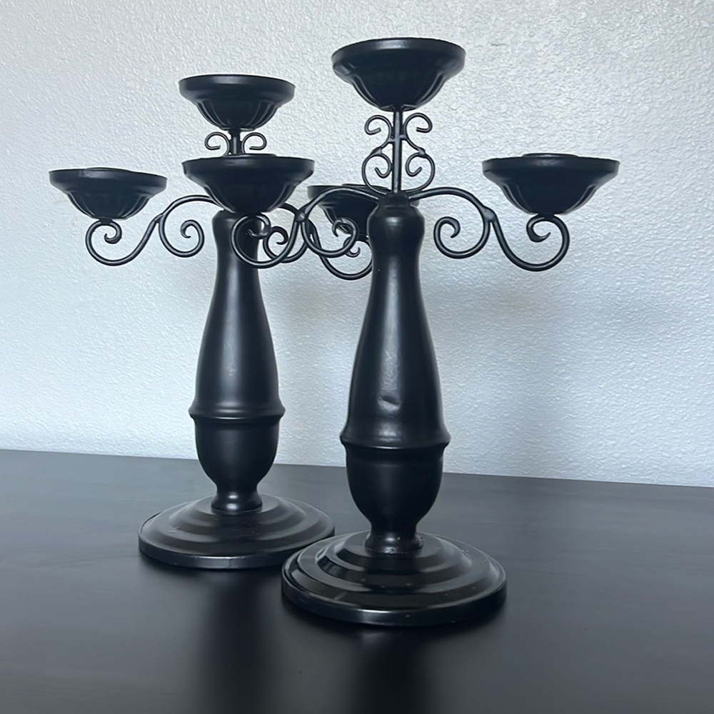 Black halloween metal candelabras, includes two.